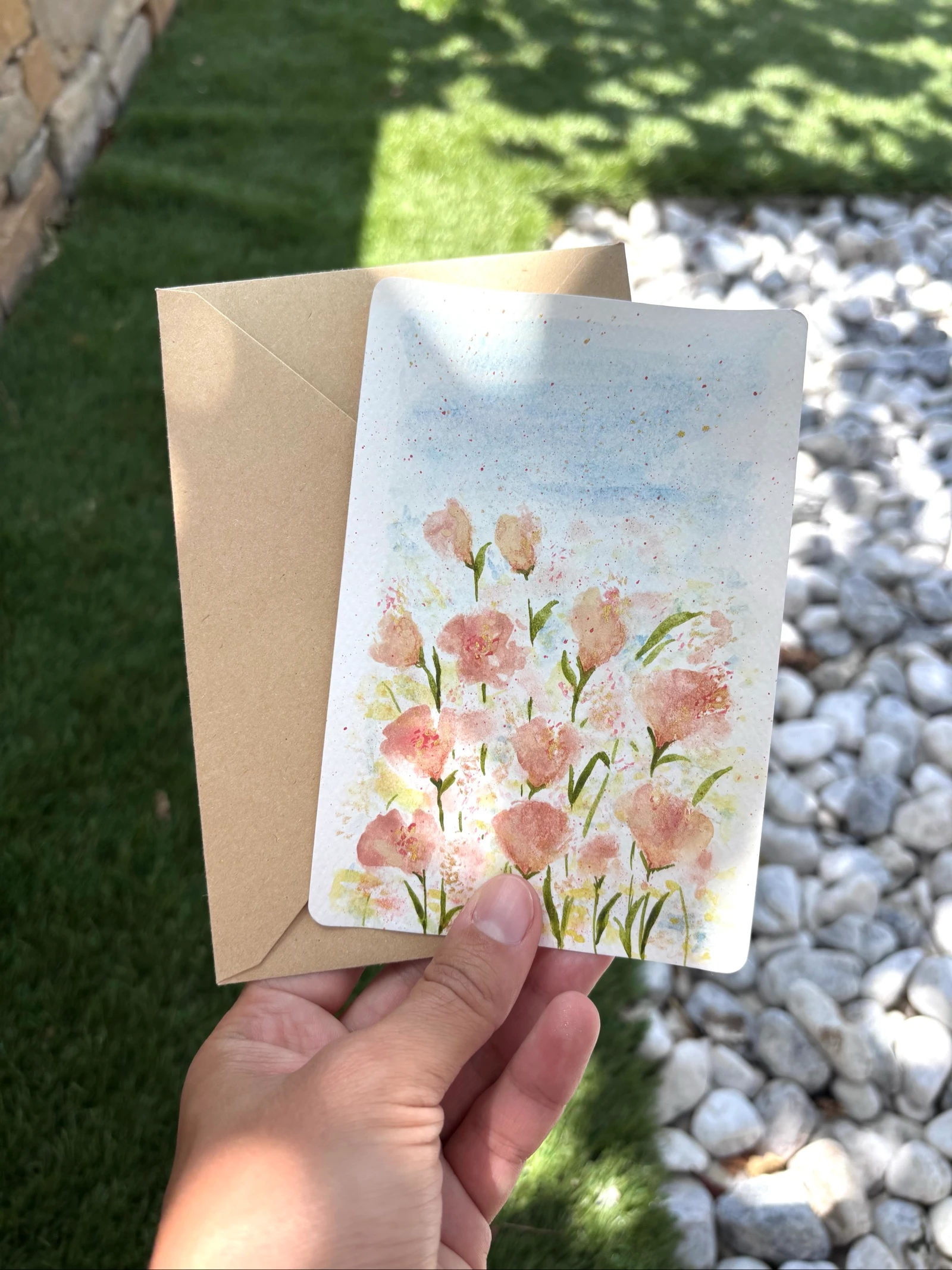 Aquarelle carte champs de fleurs abricots 